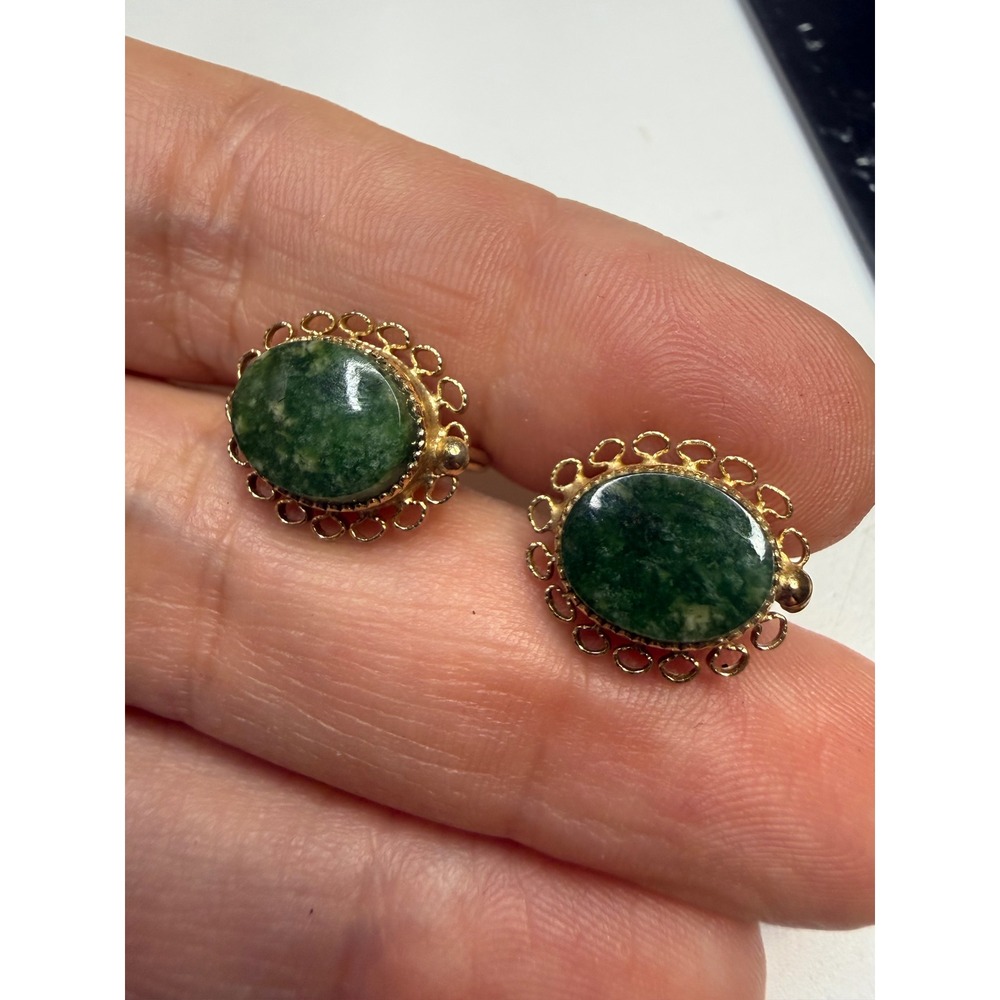 A.C. Co 12K Gold Filled Green Jadeite Jade Filigree Screw Back Earrings Vintage
